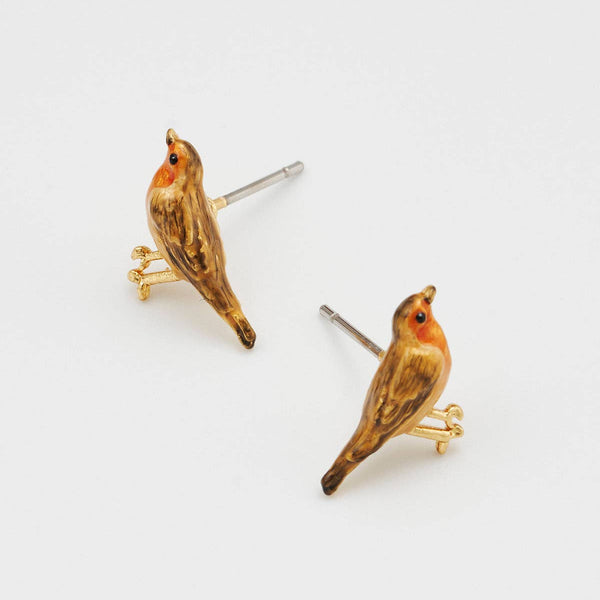 Robin vintage-style enamel stud earrings by Fable England featuring detailed robin bird design on sleek metal studs.