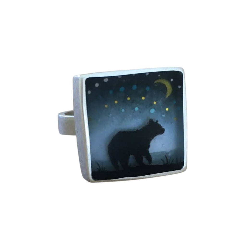 Bear and Moon Sterling Silver Hand Painted Ring by Fernworks - Freshie & Zero Studio Shop