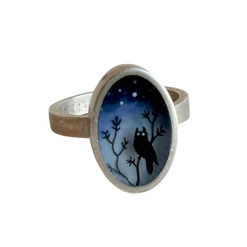 Nighttime Owl Sterling Silver Hand Painted Ring by Fernworks - Freshie & Zero Studio Shop