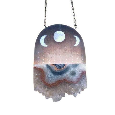 Hand-painted amethyst necklace featuring sunset moons design by Fernworks, showcasing vibrant purple stones and intricate craftsmanship.