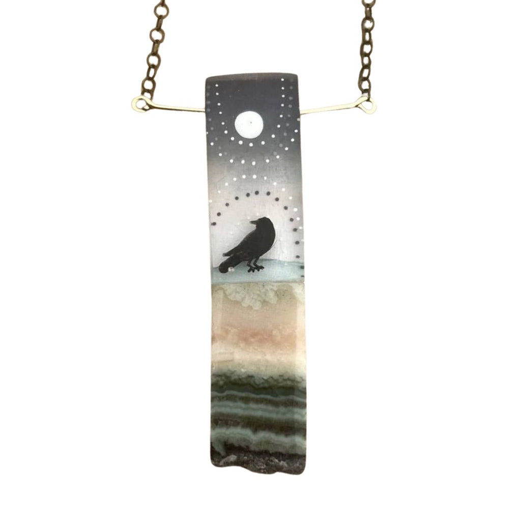 Crow and Moon, Hand Painted Pendant Necklace by Fernworks - Freshie & Zero Studio Shop
