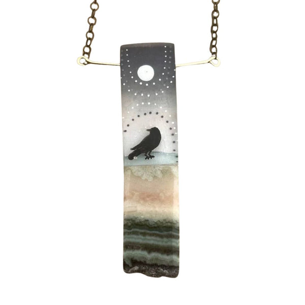Crow and Moon, Hand Painted Pendant Necklace by Fernworks - Freshie & Zero Studio Shop