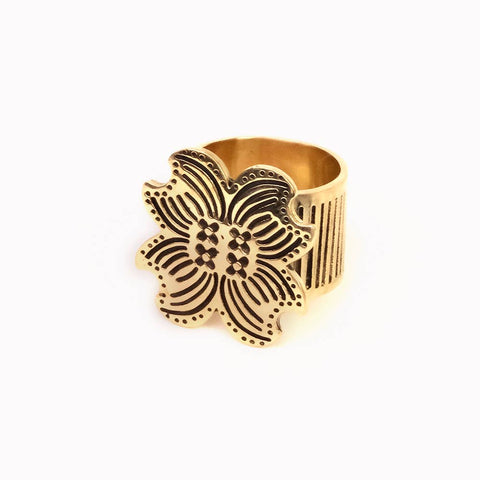 Amy Flower brass bandana slide ring by Handker Bandanas, featuring floral design and adjustable band for accessories.