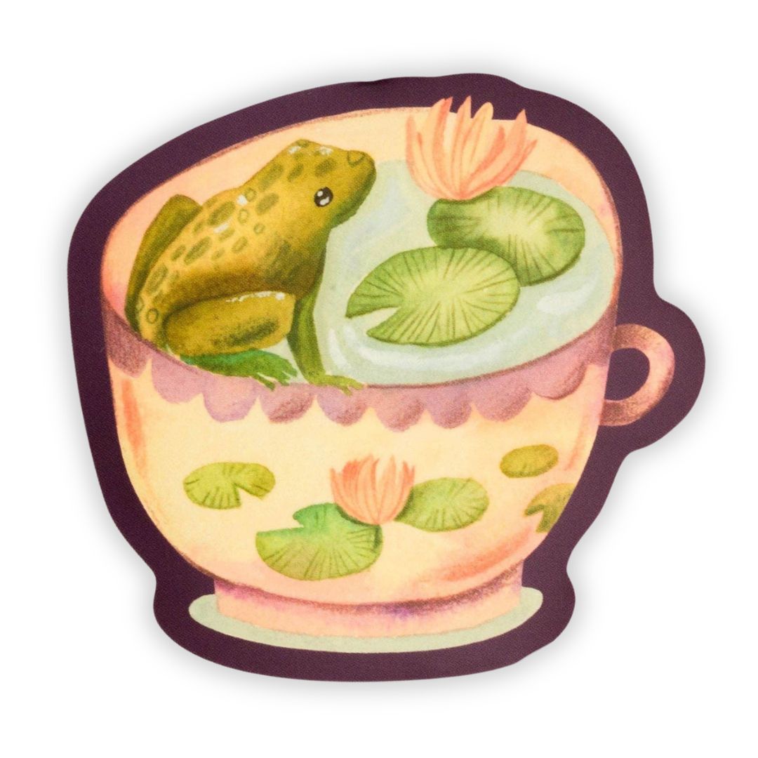 Frog in a Teacup Illustrated Vinyl Sticker | Freshie & Zero