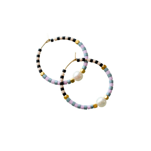 Checked small beaded hoop earrings by Jill Makes, featuring colorful beaded design on silver hoops, perfect for stylish accessories.