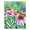 Purple cone flowers art print by Katie Daisy, featuring vibrant floral poster with colorful, artistic botanical design.