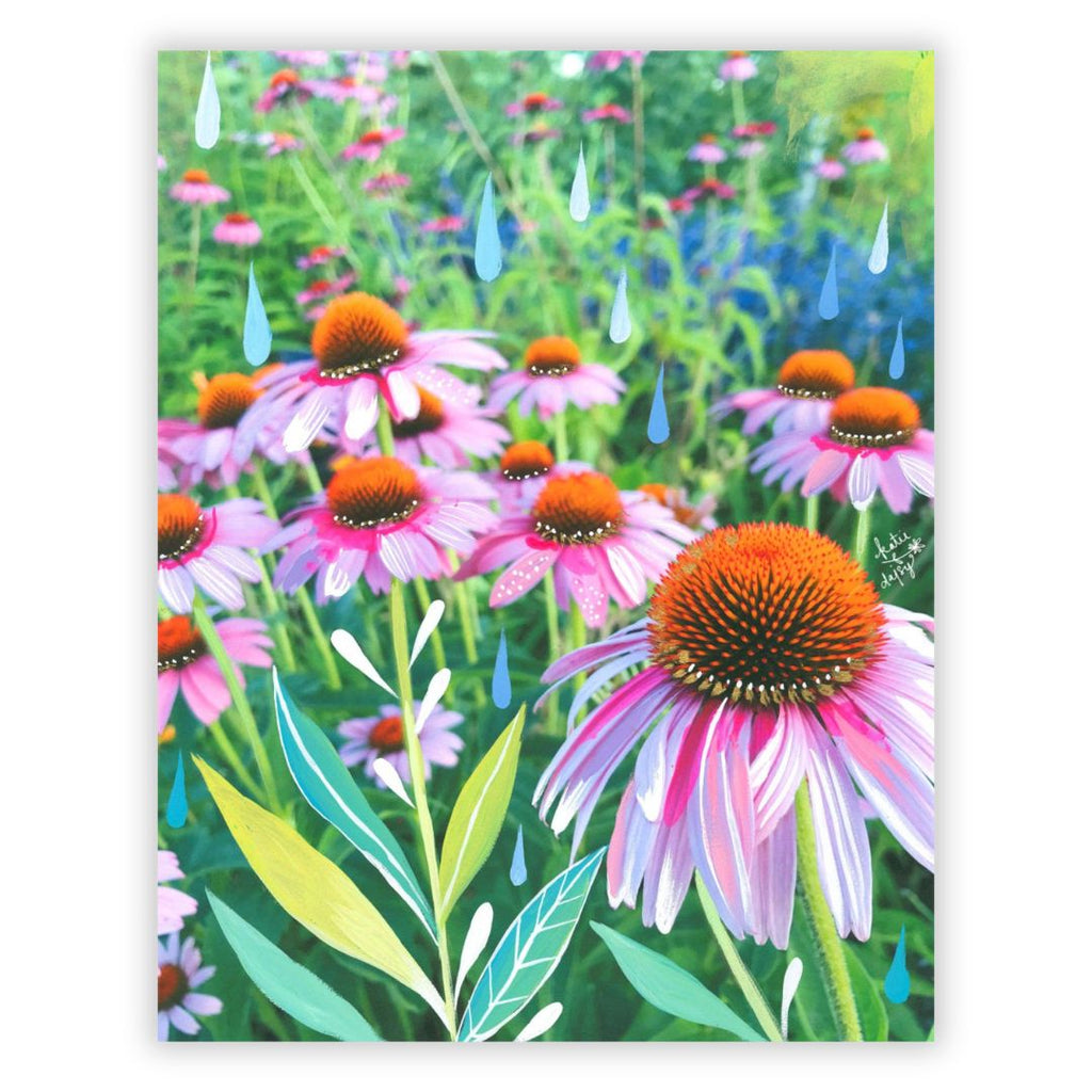 Purple cone flowers art print by Katie Daisy, featuring vibrant floral poster with colorful, artistic botanical design.