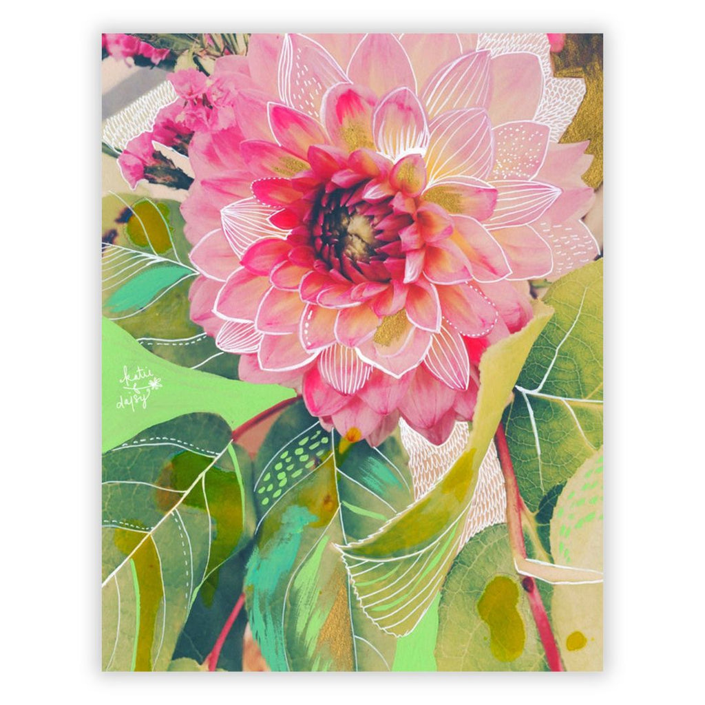 Colorful Dahlia art print by Katie Daisy, showcasing vibrant floral poster on high-quality paper for wall décor.