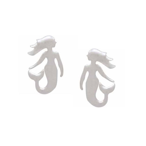 Nina Little Mermaid Stud Earrings featuring small, detailed mermaid designs on silver posts for pierced ears.