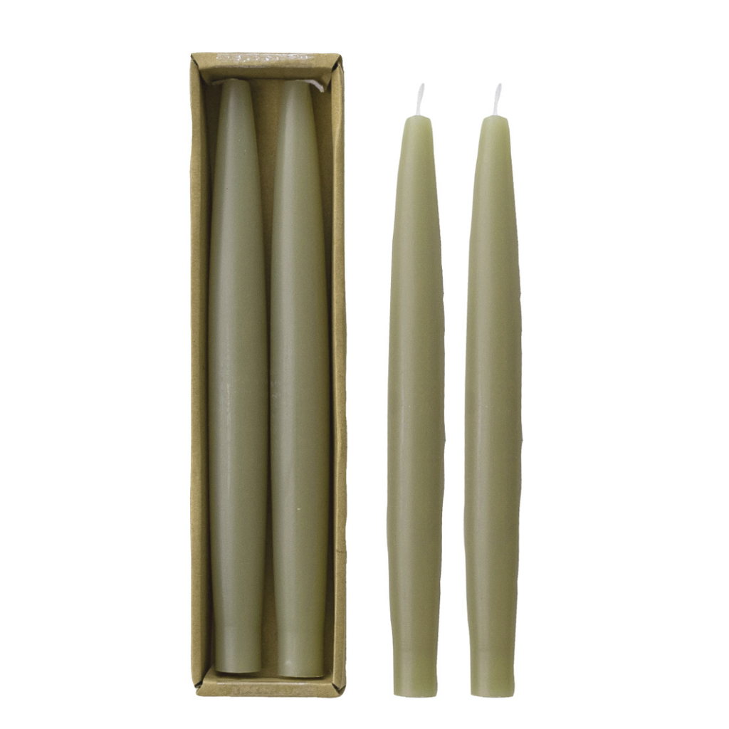 Set of two 10-inch muted olive taper candles from Creative Co-Op, featuring smooth wax with unlit wicks for elegant decor.