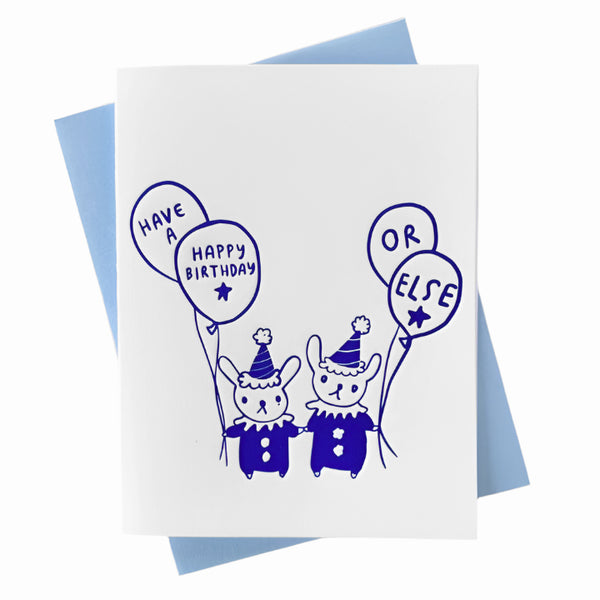 Ghost Academy Have a Happy Birthday Or Else greeting card featuring humorous text and colorful birthday design.