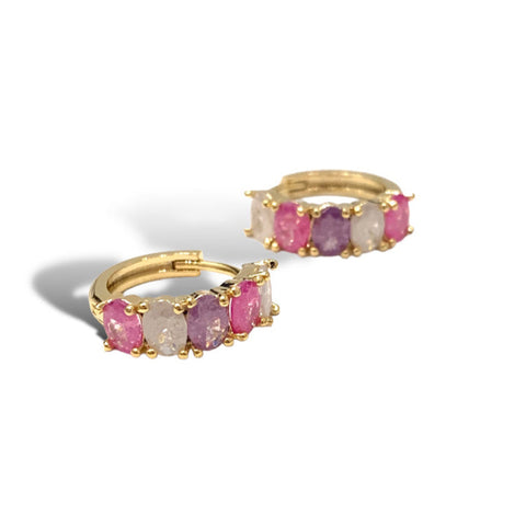 Emma Pink and Lilac Crystal Huggie Hoop Earrings by Theia Jewelry featuring gold hoops with pink and lilac crystals.