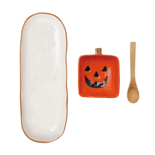 Stoneware Pumpkin Dish Set with Bamboo Spoon - Freshie & Zero Studio Shop