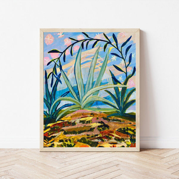 Colorful botanical print of agave plants with a rainbow background, 8x10 poster by El Baker Art featuring desert-inspired artwork.