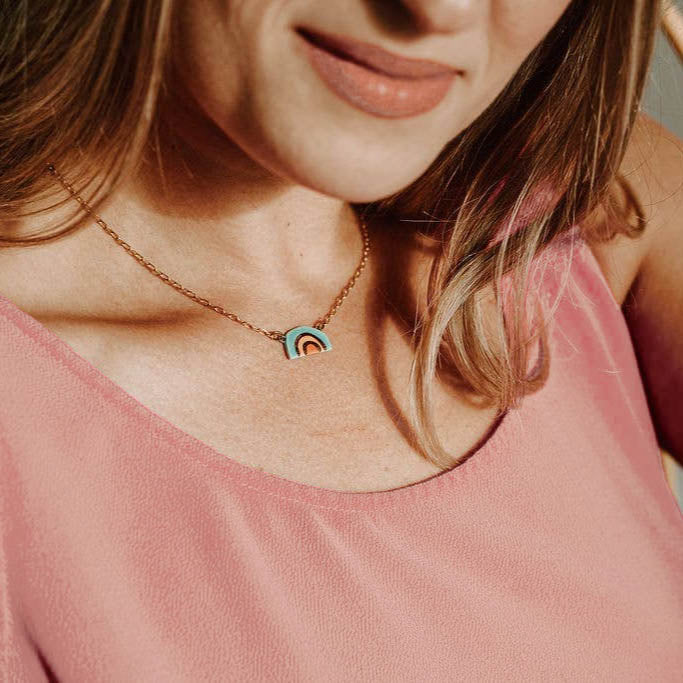 Teal & Peach Rainbow Ceramic Pendant Necklace - Freshie & Zero Studio Shop