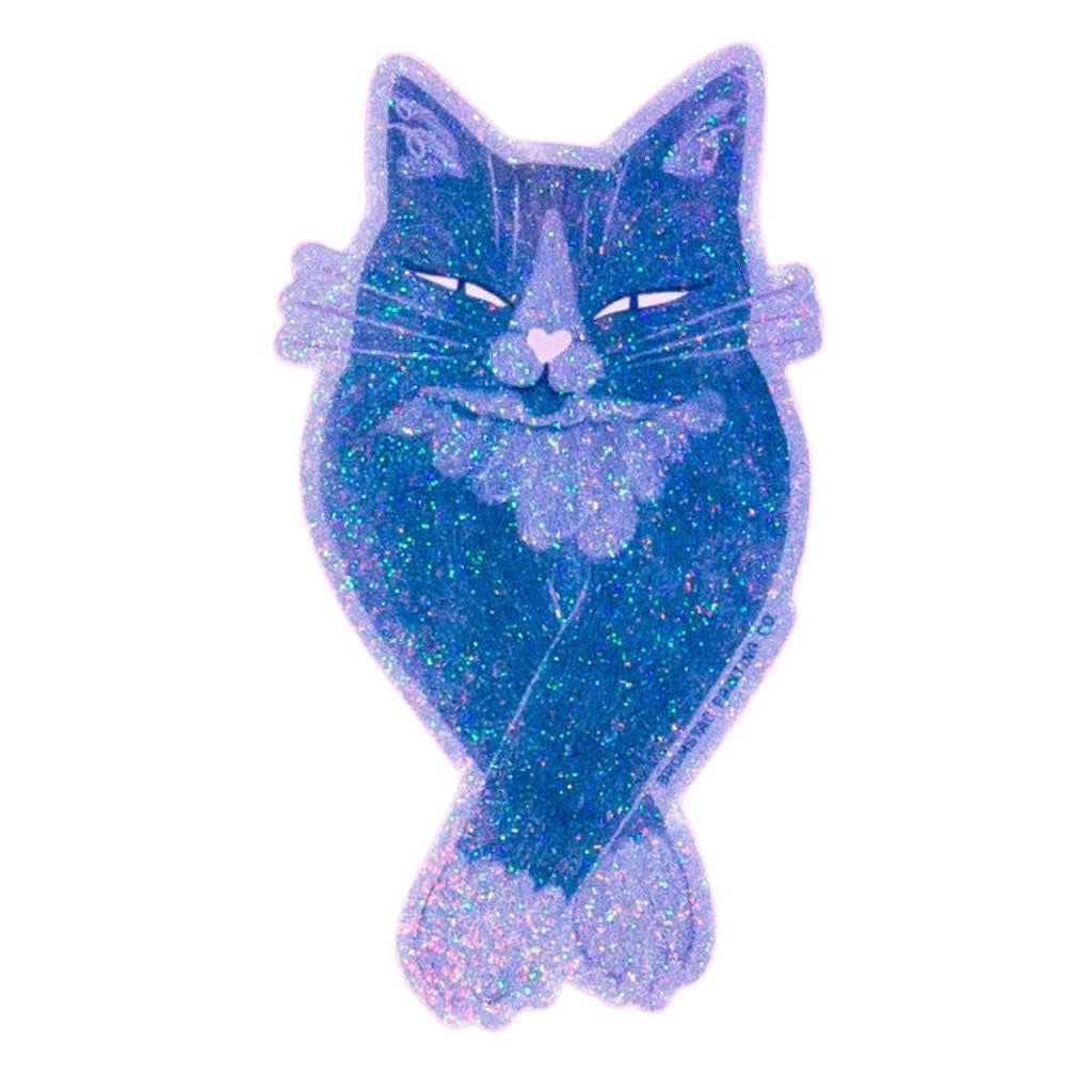 Slow Blink Cat sparkle sticker by Bromstad Printing Co. featuring a cute cat with a shimmering, glittery finish on a white background.