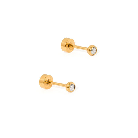 Tiny Sparkle Flatback Waterproof Stud Earrings by Linny Co, featuring clear, gold-tone screwback studs with a sparkling finish.