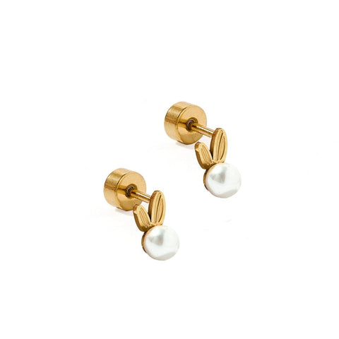 Linny Co Heidi Pearl Bunny waterproof stud earrings featuring cute bunny design and screwback closure.