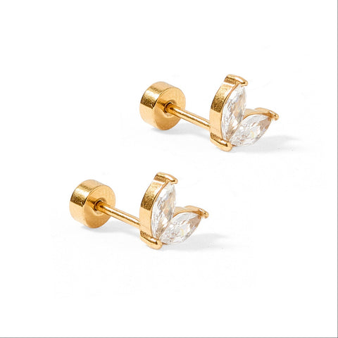 Gold flatback waterproof stud earrings by Linny Co featuring sparkling design with screwback closure.