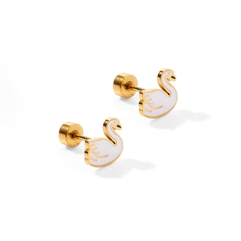 Swan Flatback Waterproof Stud Earrings by Linny Co, featuring elegant swan design and secure screwback closure.