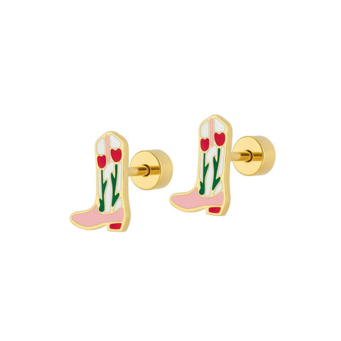Linny Co Tulip Cowboy Boots waterproof stud earrings with flatback design, featuring detailed cowboy boot and tulip motifs.