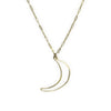 A delicate gold chain necklace featuring a thin, open crescent moon pendant, displayed against a solid white background.