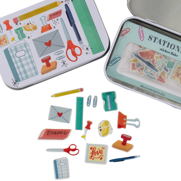 Bobo Design Studio stationery lovers trinket tin filled with colorful washi sticker flakes and decorative sticker sheets.