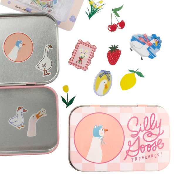 Bobo Design Studio Silly Goose Washi Flake and Trinket Tin featuring colorful sticker flakes and decorative trinket tin design.