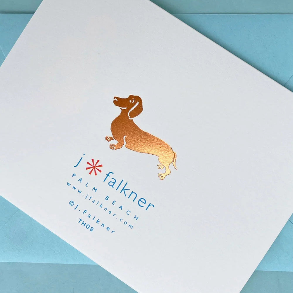 Boxed set of 8 Dachshund thank you greeting cards by J Falkner, featuring adorable dog illustrations on the back of each card.