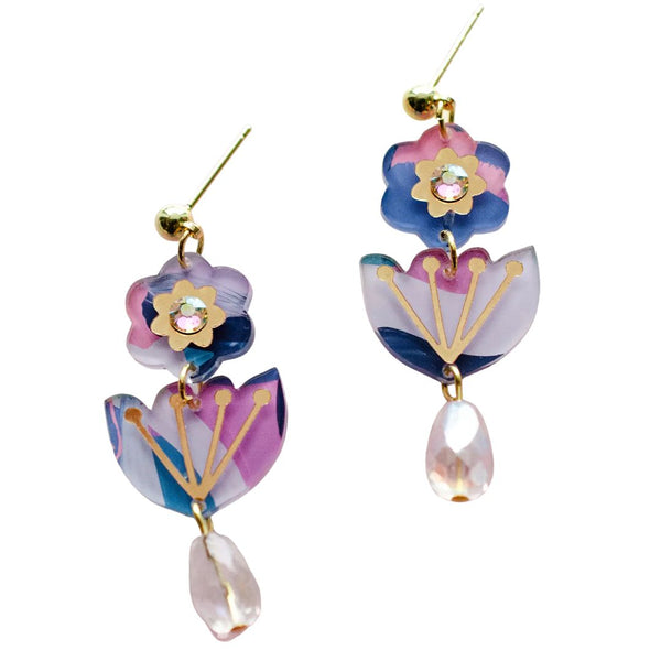 Handpainted flower acrylic dangle earrings by Jill Makes, featuring vibrant floral designs on lightweight earrings.