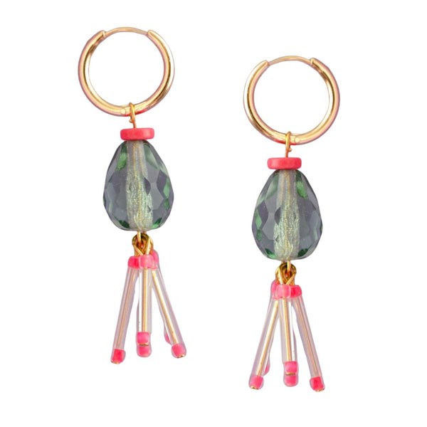 Hot pink and green fringe earrings by Jill Makes featuring vibrant, boho-style dangle earrings with layered fringes.