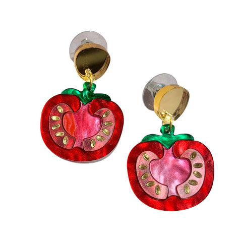 Tomato Drop Earrings by Elise Design Company featuring vibrant red tomato-shaped dangle earrings for women.
