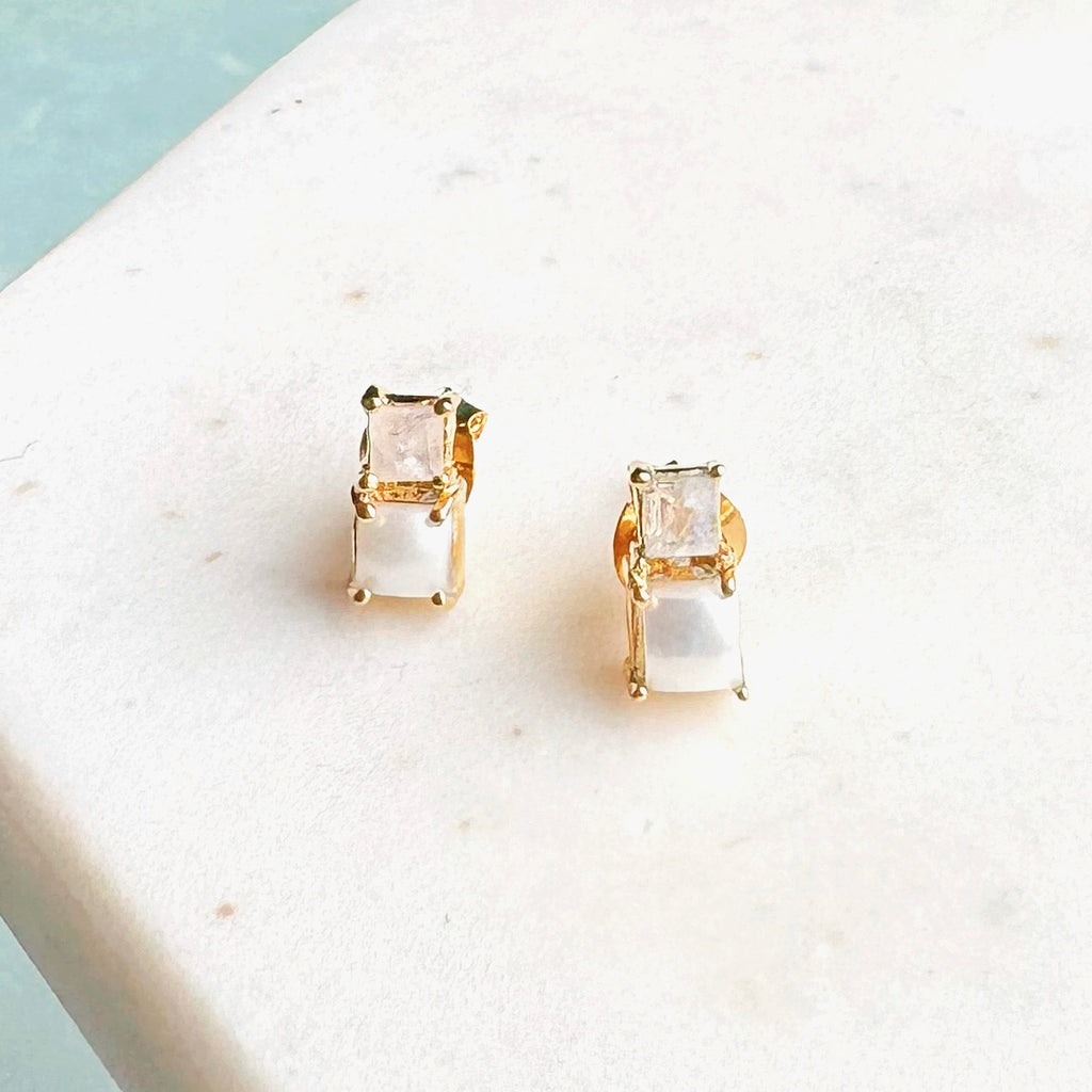 Small Stacked Gemstone Stud Earrings: moonstone + pearl - Freshie & Zero Studio Shop