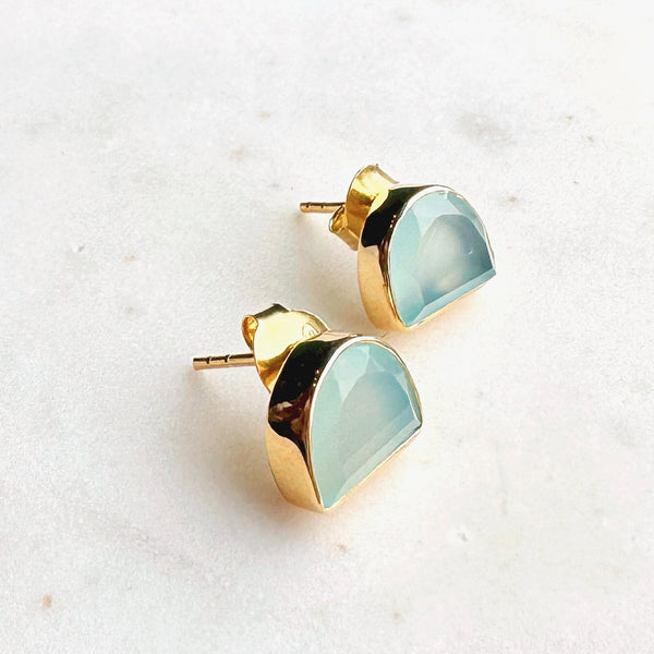 Half Moon Gemstone Stud Earrings: Blue Chalcedony - Freshie & Zero Studio Shop