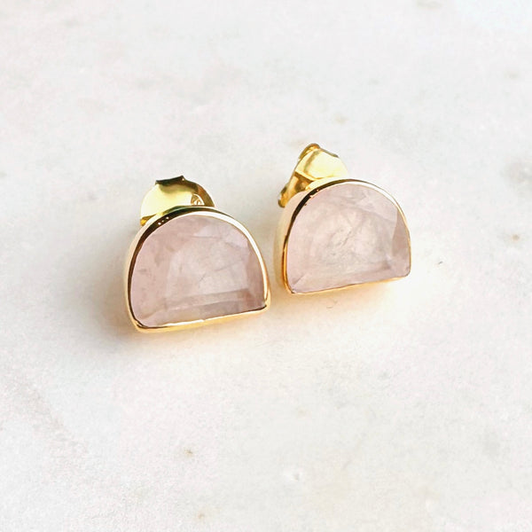 Half Moon Gemstone Stud Earrings: Rose Quartz - Freshie & Zero Studio Shop
