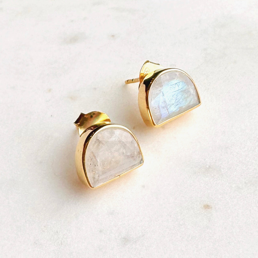 Half Moon Gemstone Stud Earrings: Moonstone - Freshie & Zero Studio Shop