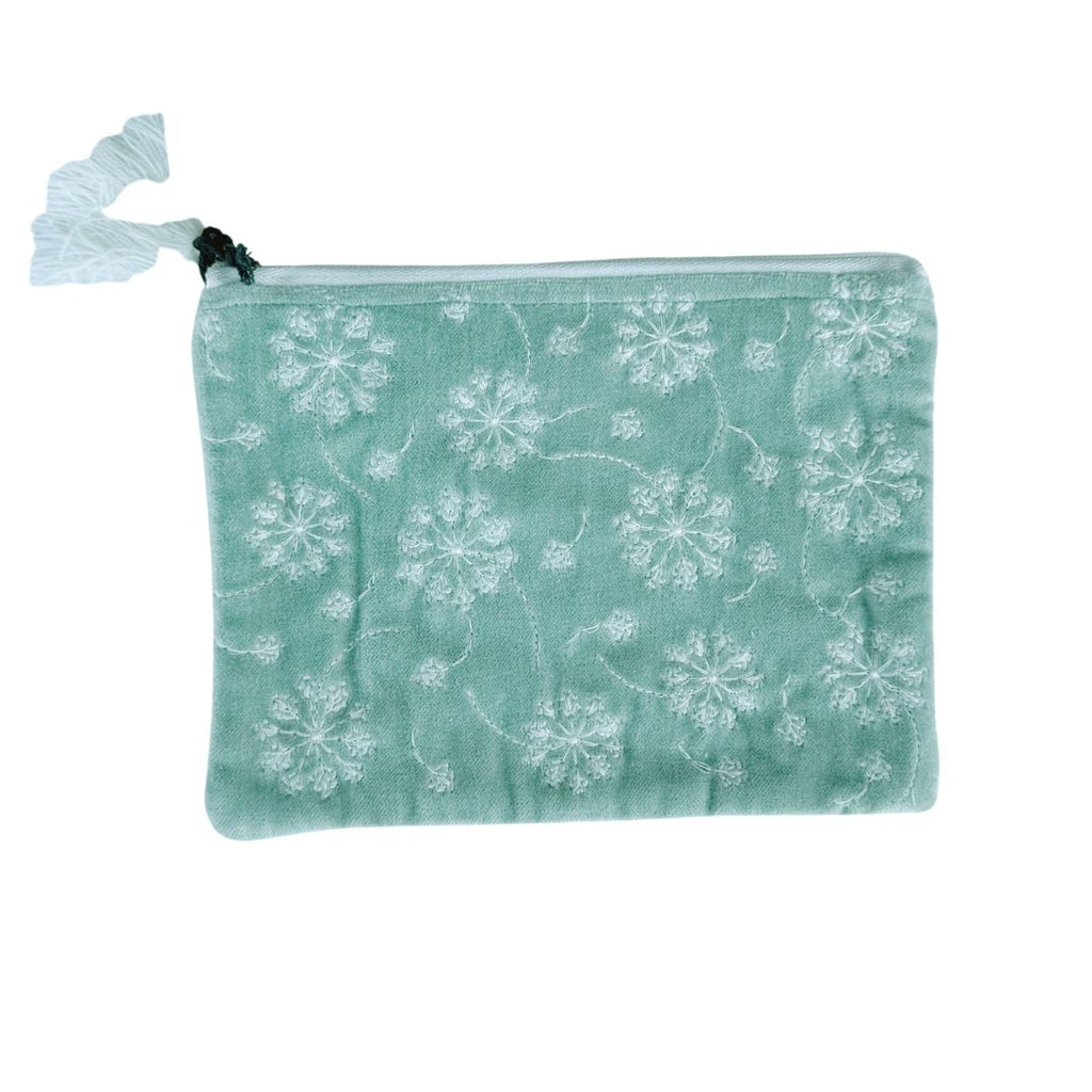 White Flowers on Minty Blue Velvet Pouch - Freshie & Zero Studio Shop