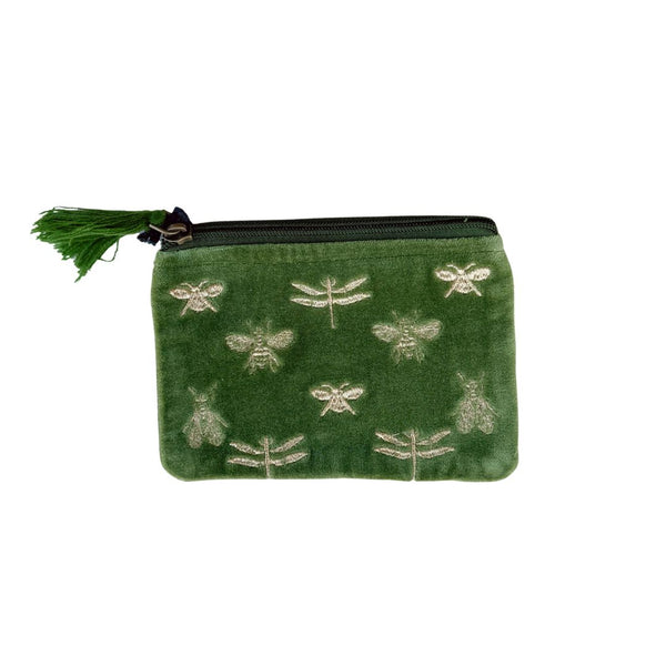 Green Velvet Bees & Dragonflies Cotton Pouch - Freshie & Zero Studio Shop