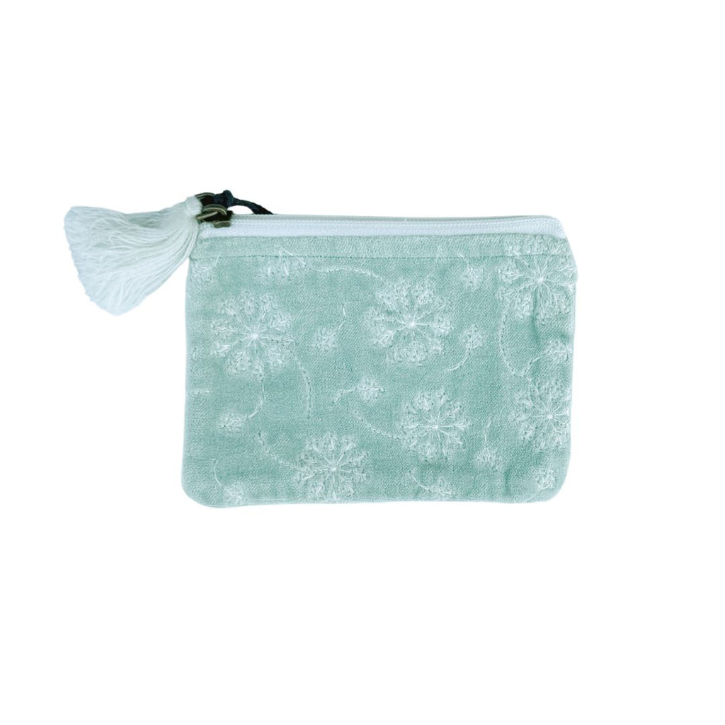 White Flowers on Minty Blue Velvet Pouch - Freshie & Zero Studio Shop