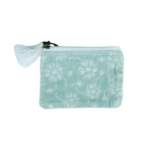 White Flowers on Minty Blue Velvet Pouch - Freshie & Zero Studio Shop