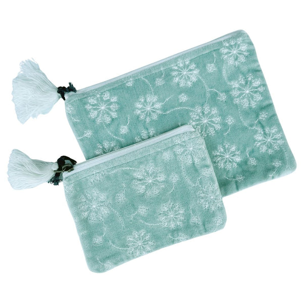 White Flowers on Minty Blue Velvet Pouch - Freshie & Zero Studio Shop