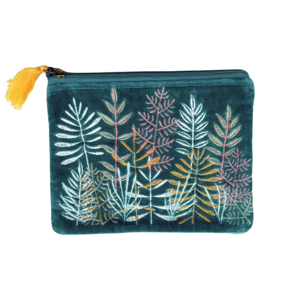 Velvet Leaf Garden Teal Embroidered Cotton Pouch - Freshie & Zero Studio Shop