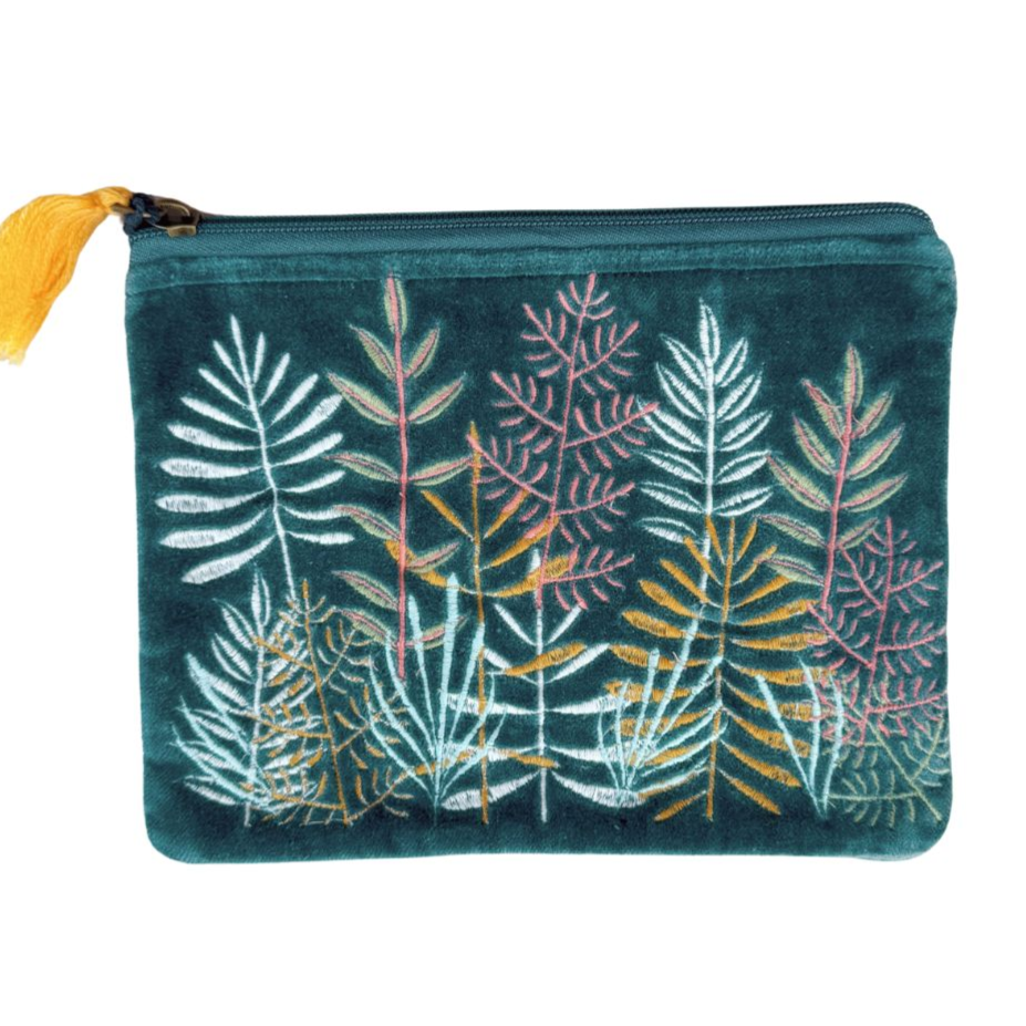 Velvet Leaf Garden Teal Embroidered Cotton Pouch - Freshie & Zero Studio Shop