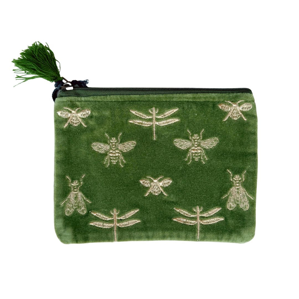Green Velvet Bees & Dragonflies Cotton Pouch - Freshie & Zero Studio Shop