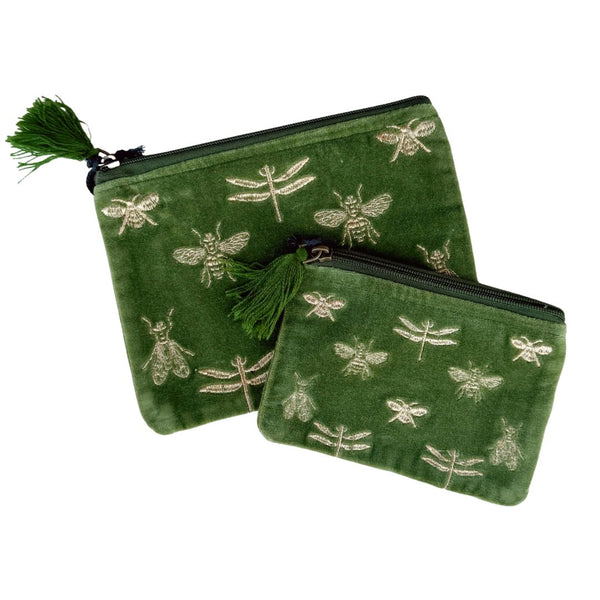 Green Velvet Bees & Dragonflies Cotton Pouch - Freshie & Zero Studio Shop