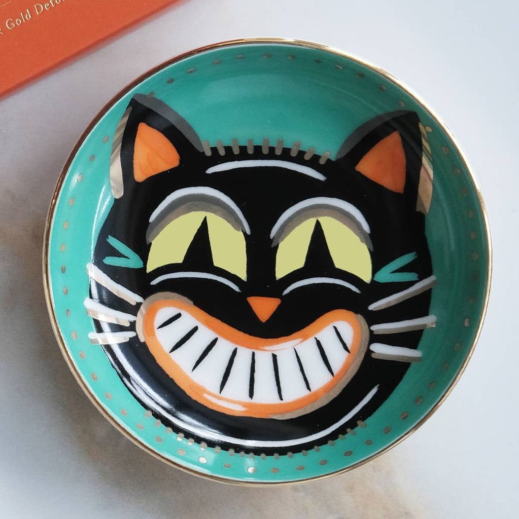 vintage cat halloween grinning black cat ceramic trinket dish