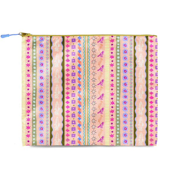 Patterned pouch with colorful design on a white background