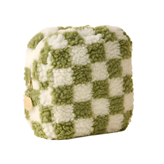 Square Teddy Zippered Pouch - Check Green - Freshie & Zero Studio Shop