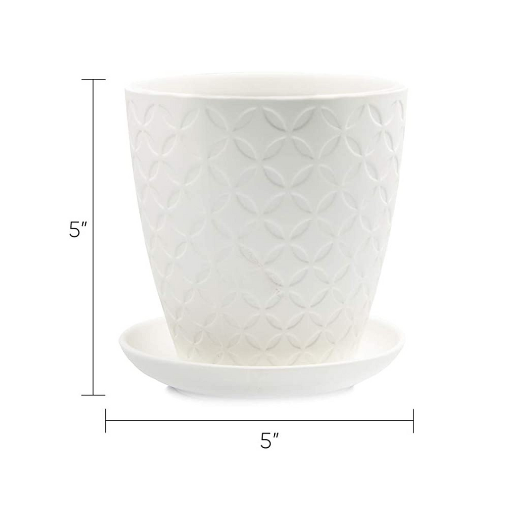 Patterned White Ceramic Pot & Saucer - Medium - Freshie & Zero Studio Shop