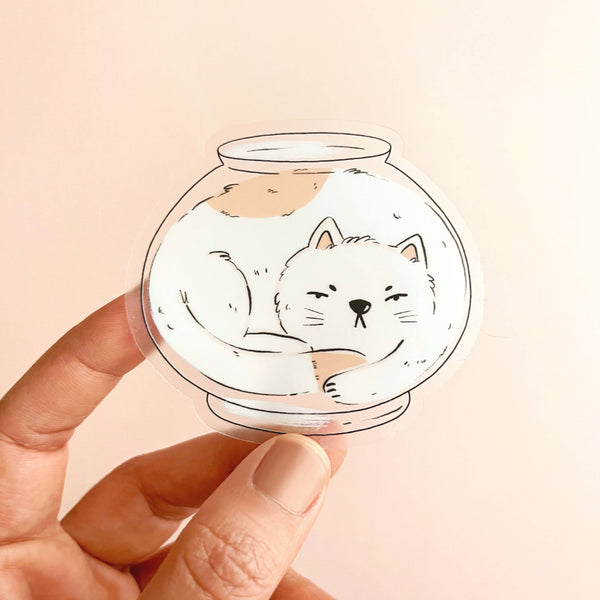 Cat in a Bowl Clear Sticker - Freshie & Zero Studio Shop